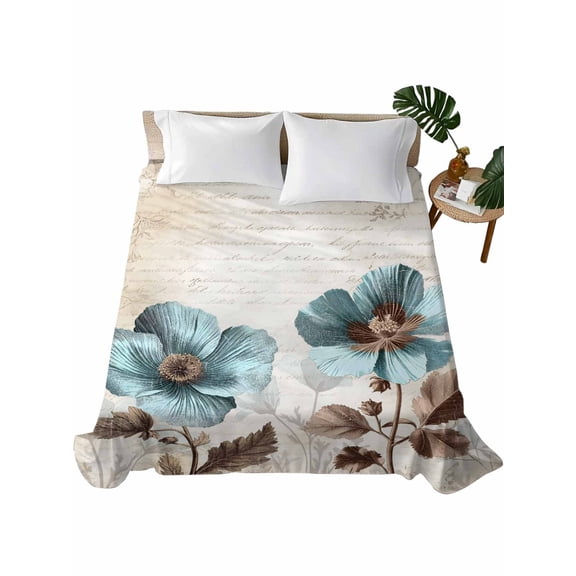 Spring Floral Flat Sheet Only Twin Size, Soft Breathable Bed Top Sheets for Mattress, Teal Tulip Vintage Botanical Summer Luxury Bedding Flat Sheets for Home Hotel Bedroom Bed Protection