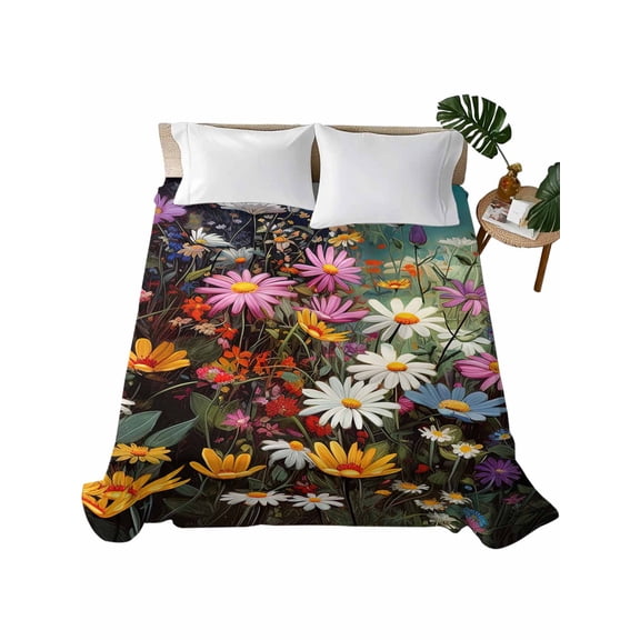 Spring Floral Flat Sheets Only Queen Size, Soft Breathable Bed Top Sheets for Mattress, Colorful Daisy Summer Botanical Butterfly Luxury Bedding Flat Sheets for Home Hotel Bedroom Bed Protection