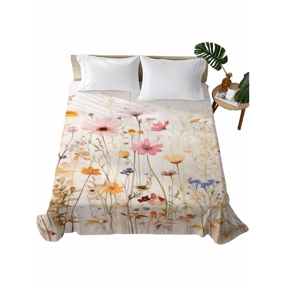 Spring Floral Flat Sheets Only Queen Size, Soft Breathable Bed Top Sheets for Mattress, Pastoral Botanical Summer Flowers Vintage Luxury Bedding Flat Sheets for Home Hotel Bedroom Bed Protection