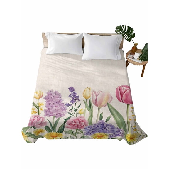 Spring Floral Flat Sheets Only Queen Size, Soft Breathable Bed Top Sheets for Mattress, Pink Tulip Summer Botanical Rustic Luxury Bedding Flat Sheets for Home Hotel Bedroom Bed Protection