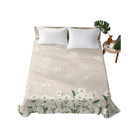 Spring Floral Flat Sheets Only Queen Size, Soft Breathable Bed Top Sheets for Mattress, White Daisy Farmhouse Linen Texture Luxury Bedding Flat Sheets for Home Hotel Bedroom Bed Protection