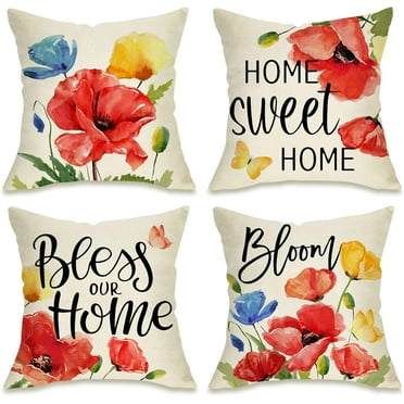 Spring Floral Flowers Decorative Throw Pillow Cover 20 x 20 Set of 4, Bless Our Home Sweet Home Porch Patio Outdoor Pillowcase, Bloom Summer Sofa Couch Cushion Case Home Decor