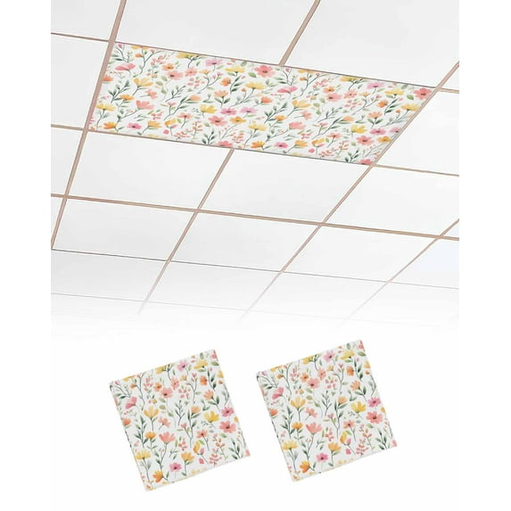 Spring Floral Fluorescent Light Covers for Ceiling Lights 4x2 feet,2 Pack Magnetic Light Filters for Classroom,Summer Flowers Watercolor Botanical Fluorescent Light Shade Panel for Office School