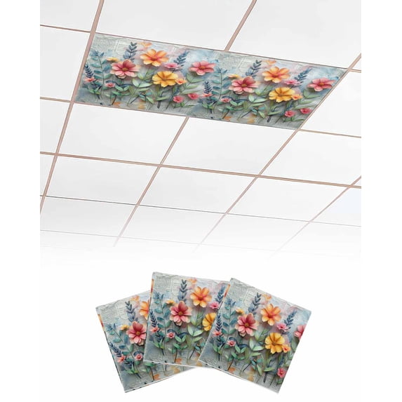 Spring Floral Fluorescent Light Covers for Ceiling Lights 4x2 feet,3 Pack Magnetic Light Filters for Classroom,Farmhouse Flowers Summer Botanical Fluorescent Light Shade Panel for Office School Drop