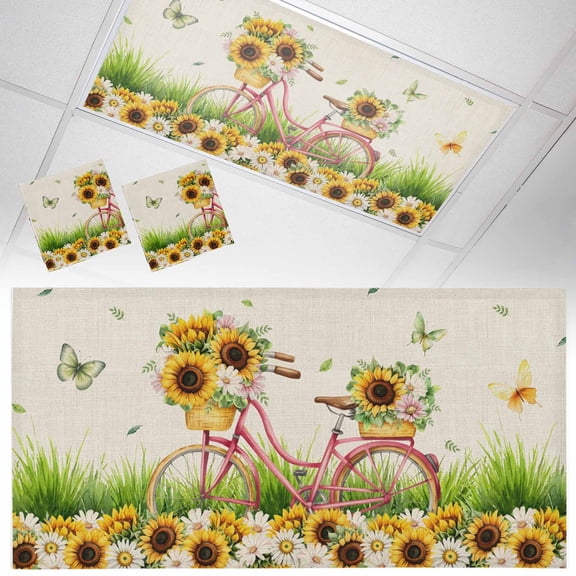 Spring Floral Fluorescent Light Covers Sunflower Daisy Bike Eucalyptus Leaves Linen Magnetic Light Filters Ceiling Lighting Panel Shade for Classroom Office Home 2 x 4 ft, 2 Pack