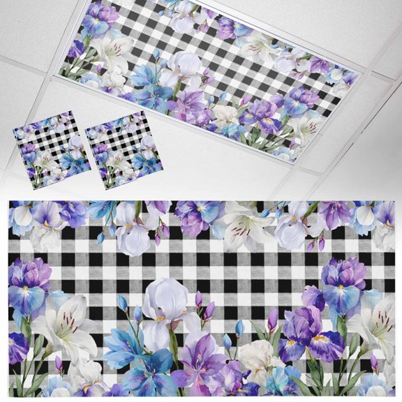 Spring Floral Fluorescent Light Covers Watercolors Purple Blue Iris Flowers Black Plaid Magnetic Light Filters Ceiling Lighting Panel Shade for Classroom Office Home 2 x 4 ft, 2 Pack