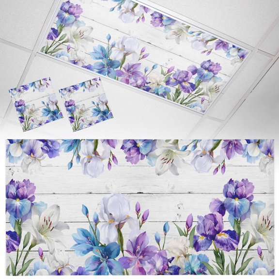 Spring Floral Fluorescent Light Covers Watercolors Purple Blue Iris Flowers Wood Grain Magnetic Light Filters Ceiling Lighting Panel Shade for Classroom Office Home 2 x 4 ft, 2 Pack