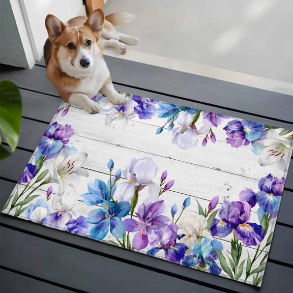 Spring Floral Front Door Rugs 2x3 ft Watercolors Purple Blue Iris Flowers Wood Grain Small Rug for Entryway Non Slip Washable Bathroom Door Mat Absorbent Floor Mat for Indoor Entrance