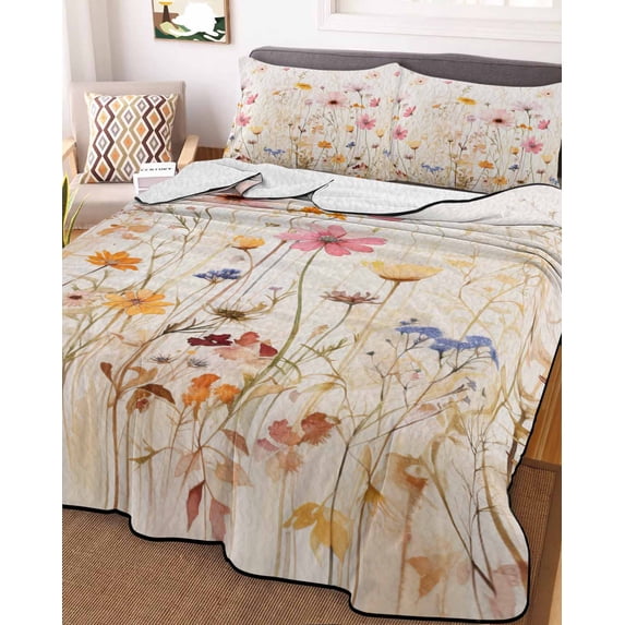 Spring Floral Full Size Down Alternative Comforter, Lightweight Comforter Quilt Bedding Set with Pillow Shams Pastoral Botanical Summer Flowers Vintage All Seasons Bed Comforter Duvet Insert 78"x90"