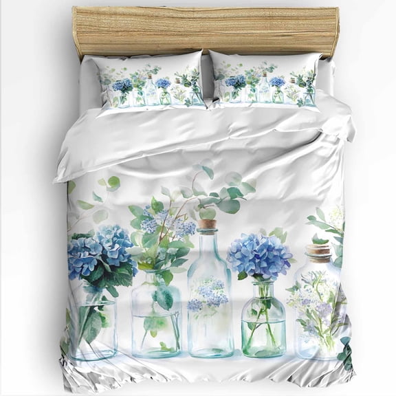 Spring Floral Full Size Comforter Set, Vintage Blue Hydrangea Leaves Bottle Simple Soft Bedding for All Seasons, 4 Pcs Bed Set with 1Comforter (86"x86") ,1 Sheet(80"x116"), 2 Pillowcases (19"x29")