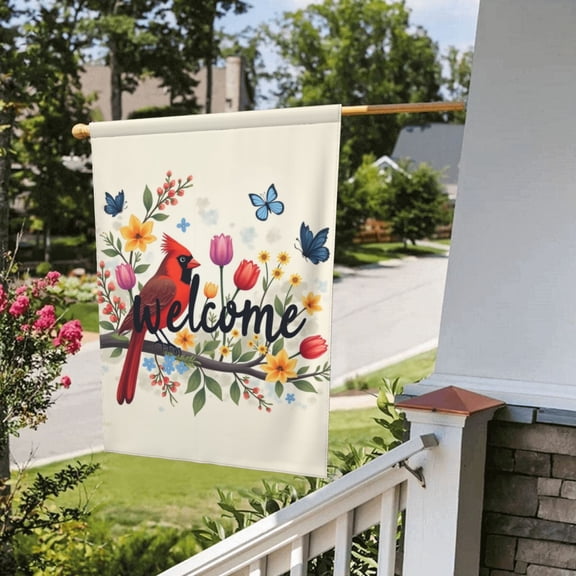Spring Floral Garden Flag 12X18 Double Sided Vertical Cardinal Red Bird Butterfly Flowers Welcome Yard Flags For Seasonal Outside Outdoor Spring Summer Decoration (Only Flag)