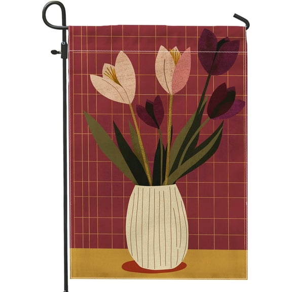 Spring Floral Garden Flag, Burgundy Tulips Vase Double Sided Yard Banner, Modern Outdoor Lawn Decoration, 12 x 18 Inch