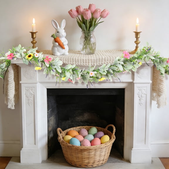 Spring Floral Garland with Flowers Eggs Berries,Colorful Faux PE Decor for Mantle Staircase Table,Artificial Vines for Wedding Arch Party Wall,Garden Room Decoration Fake Hanging Plant 1.8m