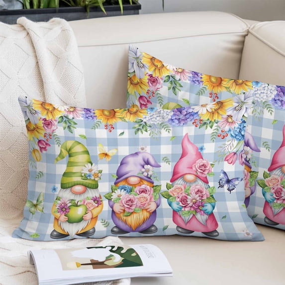 Spring Floral Gnomes Pillow Covers King, Watercolor Flowers Butterflies Blue Plaid Soft Brushed Microfiber Breathable Throw Pillow Covers, Pillowcase with Zipper for Couch Sofa Bedroom 20"x36"
