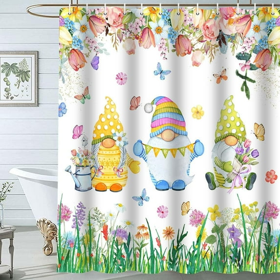 Spring Floral Gnomes Shower Curtain, Flower Colorful Butterfly Tree Grassland Bath Curtains, Green Plants Cute Bathroom Decor Bathtub Sets Home with Hooks, 69X72IN