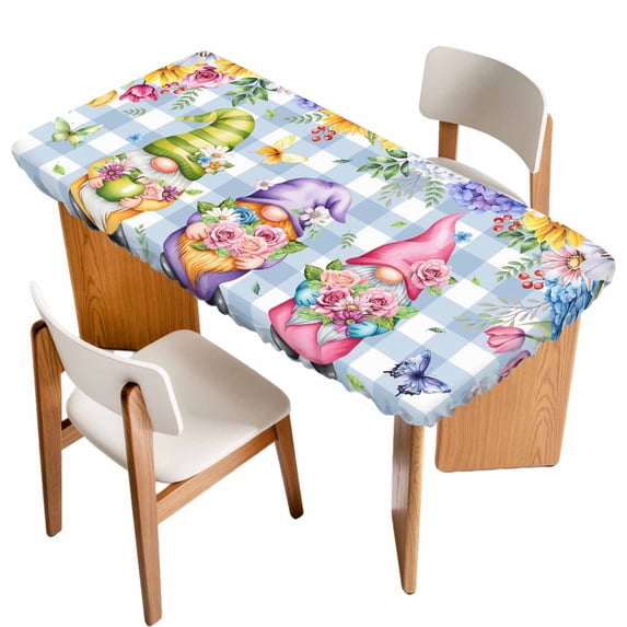 Spring Floral Gnomes Table Cloths for 4 Foot Rectangle Tables, Watercolor Flowers Butterflies Blue Plaid Patio Waterproof Elastic Fitted Tablecloths, Washable Rectangular Table Cover for Camping