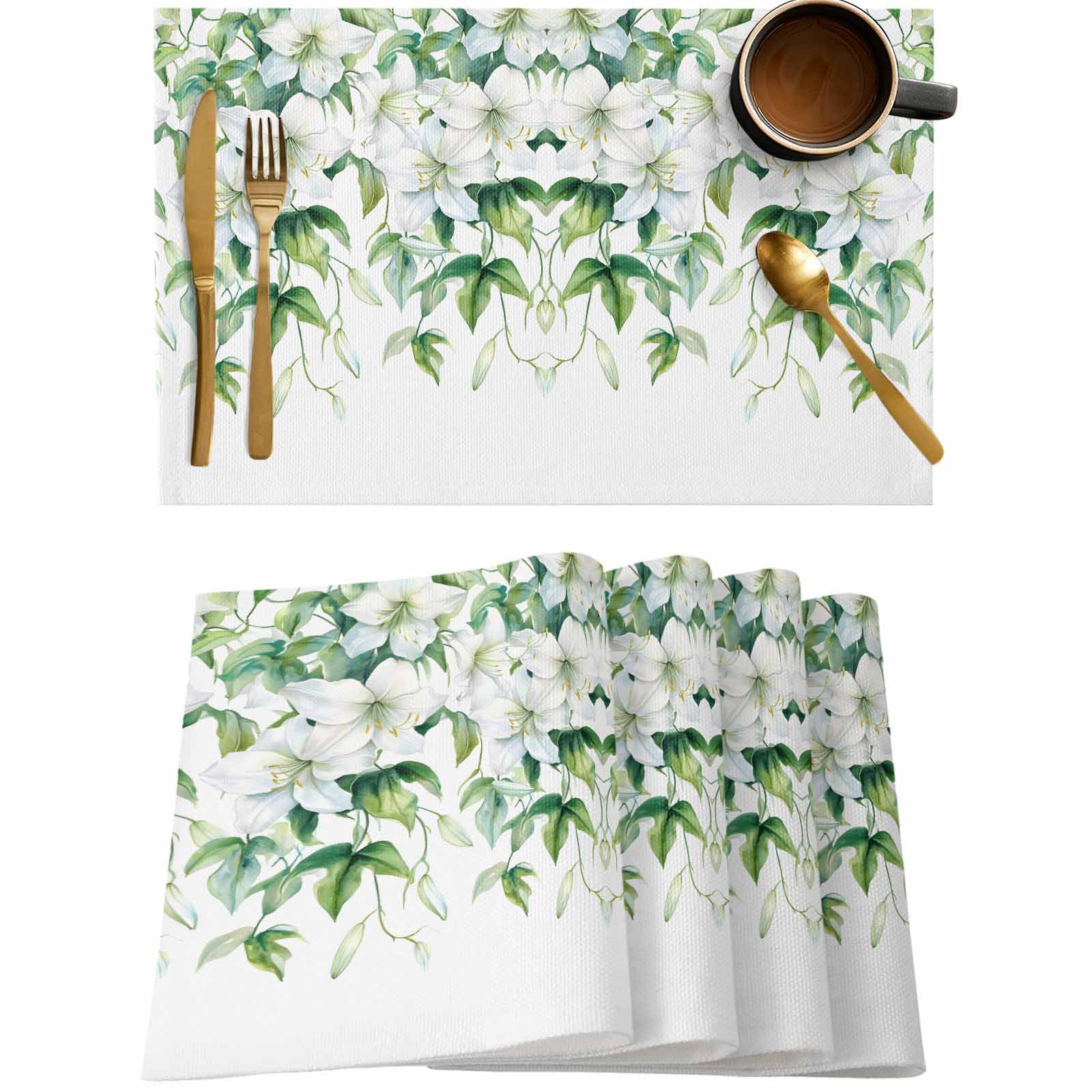 Spring Floral Green Watercolor Leaves Placemats Set of 4,Wipeable ...