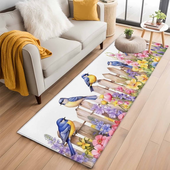 Spring Floral Hallway Runner Rug 2'x6', Non Slip Area Rugs for Entryway, Summer Birds Botanical Fence Washable Low Pile Indoor Floor Carpet for Laundry Room Bedroom Kitchen Corridor