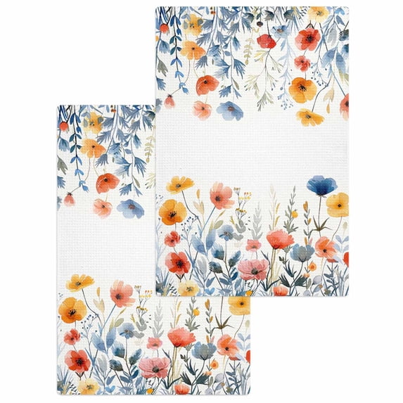 Spring Floral Hand Towels Set, Waffle Weave Kitchen Towels 2 Pieces, Watercolor Elegant Summer Botanical Microfiber Hair Face Bath Tea Towel Absorbent Quick Drying Cleaning Dish Cloths 15.7"x23.6"