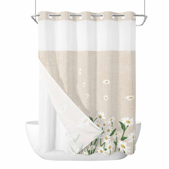 Spring Floral No Hook Shower Curtain with Snap in Liner, White Daisy Farmhouse Linen Texture Double-Layer Waterproof Fabric Shower Curtains for Bathroom Hotel Bathtub, Mesh Top & Long 72"x96"