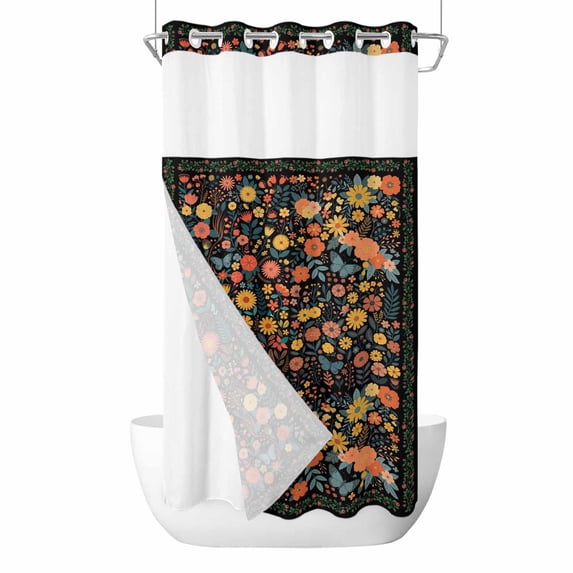 Spring Floral No Hook Shower Curtain with Snap in Liner Yellow Orange Flower Daisy Leaf Vintage Plant Black Waterproof Bathroom Shower Curtain with See Through Top Window for Bathtub 54" x 78"