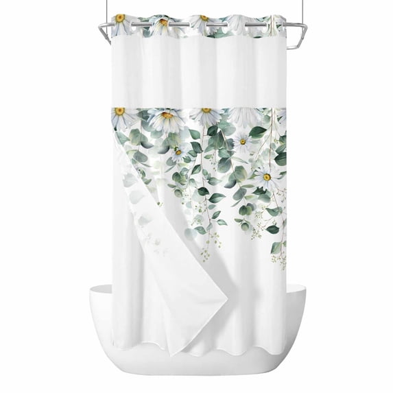 Spring Floral No Hook Shower Curtain Waterproof, Bathroom Curtains with Snap in Liners and See Through Top Window, Eucalyptus Leaves Watercolor Pastoral Hotel Style Bathtub Curtains Shower 36"Wx72"L