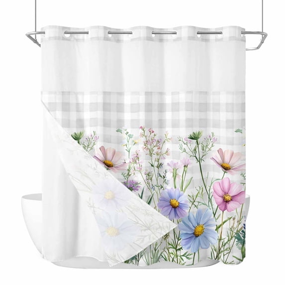 Spring Floral No Hook Shower Curtain Waterproof,Bathroom Curtains with Snap in Liners and See Through Top Window,Wildflowers Herbs Summer Botanical Plaid Hotel Style Bathtub Curtains Shower 72"Wx72"L