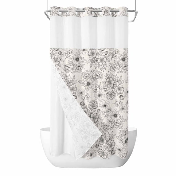 Spring Floral No Hooks Shower Curtain with Snap-in Liner Abstract Line Flowers Vintage Leaves Retro Black Shower Curtains for Bathroom, Waterproof, Easy Install, Washable 36"x78"