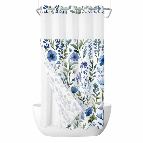 Spring Floral No Hooks Shower Curtain with Snap-in Liner Blue Flower Sage Green Leaves Shower Curtains for Bathroom, Waterproof, Easy Install, Washable 36"x72"