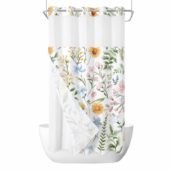 Spring Floral No Hooks Shower Curtain with Snap-in Liner Colorful Flower Green Leaf Watercolor Farmhouse Shower Curtains for Bathroom, Waterproof, Easy Install, Washable 36"x78"