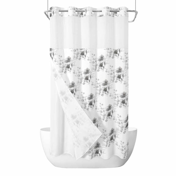 Spring Floral No Hooks Shower Curtain with Snap-in Liner Flower Gray Leaf Watercolor Eucalyptus Leaves Shower Curtains for Bathroom, Waterproof, Easy Install, Washable 36"x72"