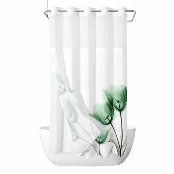 Spring Floral No Hooks Shower Curtain with Snap-in Liner Green X-ray Tulip Looming Flower Leaf Modern Shower Curtains for Bathroom, Waterproof, Easy Install, Washable 36"x72"