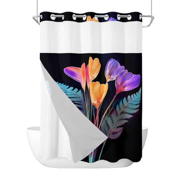 Spring Floral No Hooks Shower Curtain with Snap-in Liner Mystic Gradient Color Flowers Romantic Modern Black Shower Curtains for Bathroom, Waterproof, Easy Install, Washable 72"x96"