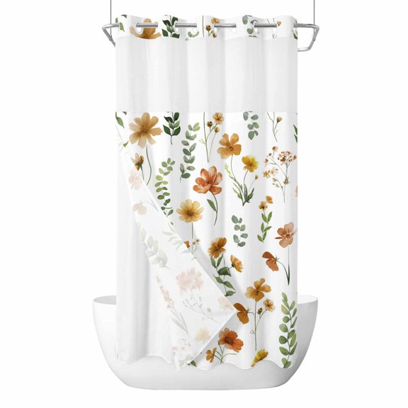 Spring Floral No Hooks Shower Curtain with Snap-in Liner Orange Yellow Flower Leaf Botanical Shower Curtains for Bathroom, Waterproof, Easy Install, Washable 36"x78"