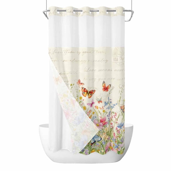 Spring Floral No Hooks Shower Curtain with Snap-in Liner Pink Blue Wild Flowers Butterfly Botanical Vintage Shower Curtains for Bathroom, Waterproof, Easy Install, Washable 54"x78"