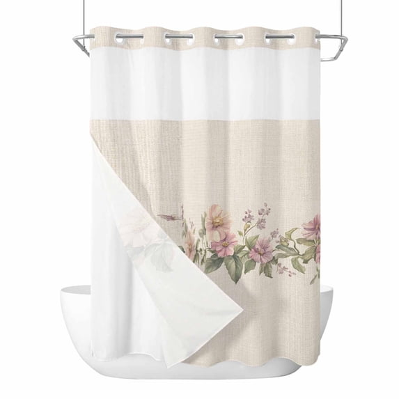 Spring Floral No Hooks Shower Curtain with Snap-in Liner Retro Pink Flower Watercolor Plant Linen Texture Shower Curtains for Bathroom, Waterproof, Easy Install, Washable 72"x96"