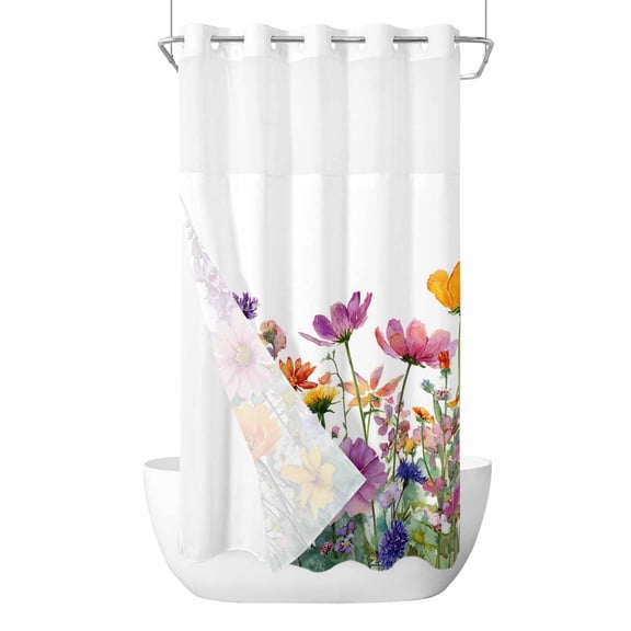 Spring Floral No Hooks Shower Curtain with Snap-in Liner Romantic Colorful Flower Watercolor Country Leaf Shower Curtains for Bathroom, Waterproof, Easy Install, Washable 36"x78"