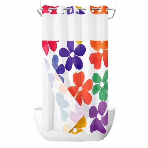Spring Floral No Hooks Shower Curtain with Snap-in Liner Watercolor Abstract Colorful Flowers Shower Curtains for Bathroom, Waterproof, Easy Install, Washable 36"x78"