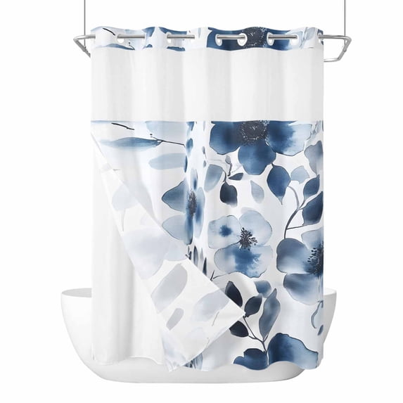 Spring Floral No Hooks Shower Curtain with Snap-in Liner Watercolor Dark Blue Flower Green Leaves Farmhouse Shower Curtains for Bathroom, Waterproof, Easy Install, Washable 72"x96"