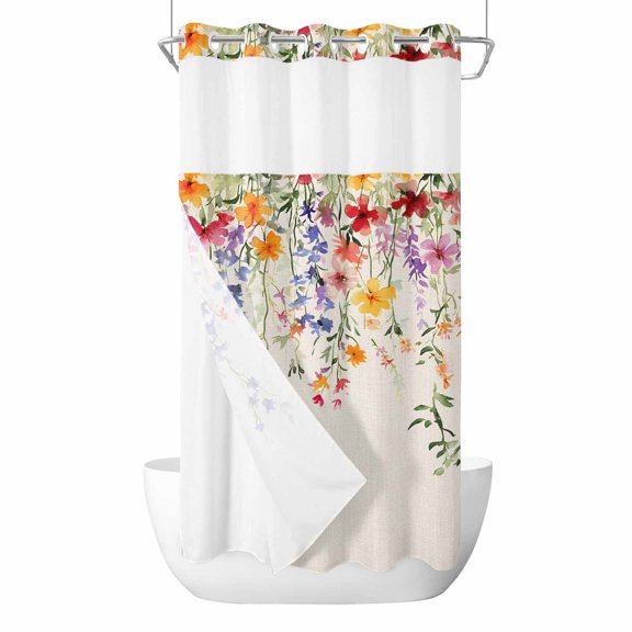 Spring Floral No Hooks Shower Curtain with Snap-in Liner Watercolor Flowers Green Leaf Linen Texture Retro Shower Curtains for Bathroom, Waterproof, Easy Install, Washable 36"x78"