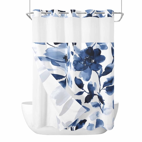 Spring Floral No Hooks Shower Curtain with Snap-in Liner Watercolor Gradient Blue Leaf Flower Rustic Farmhouse Shower Curtains for Bathroom, Waterproof, Easy Install, Washable 60"x72"