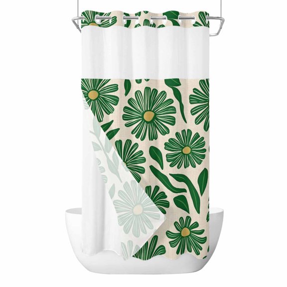 Spring Floral No Hooks Shower Curtain with Snap-in Liner Watercolor Green Flower Grenn Leaf Plan Wood Grain Shower Curtains for Bathroom, Waterproof, Easy Install, Washable 36"x72"