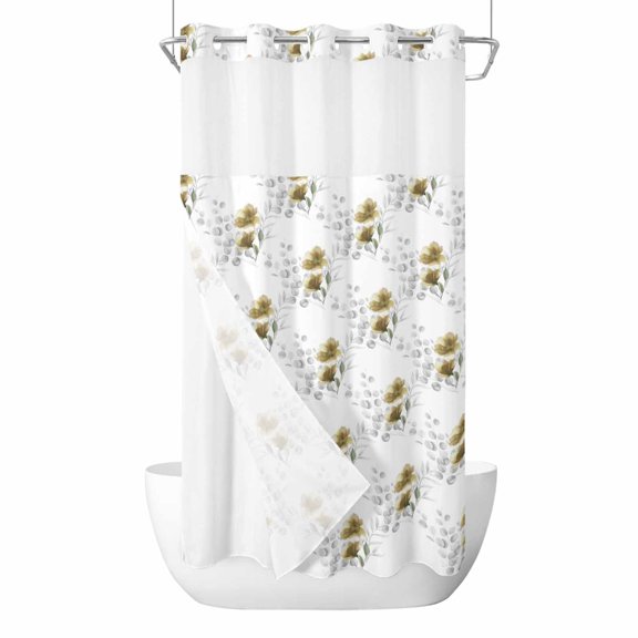 Spring Floral No Hooks Shower Curtain with Snap-in Liner Yellow Lower Gray Leaf Watercolor Eucalyptus Leaves Shower Curtains for Bathroom, Waterproof, Easy Install, Washable 36"x78"