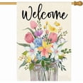 thumbnail image 1 of Spring Floral House Flag 28x40 Inch Double Sided Outside Welcome Tulip Daffodil Mason Jar Flowers Leaves Outdoor Seasonal Decorative Holiday Large Garden Yard Flag Decor 2-28, 1 of 6