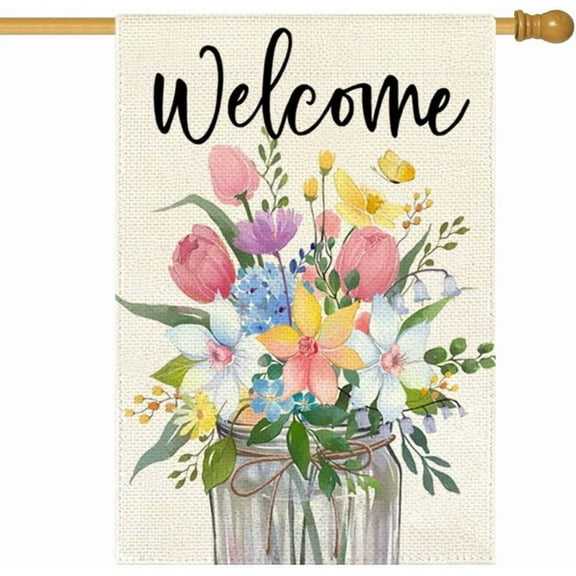 Spring Floral House Flag 28x40 Inch Double Sided Outside Welcome Tulip Daffodil Mason Jar Flowers Leaves Outdoor Seasonal Decorative Holiday Large Garden Yard Flag Decor 2-28