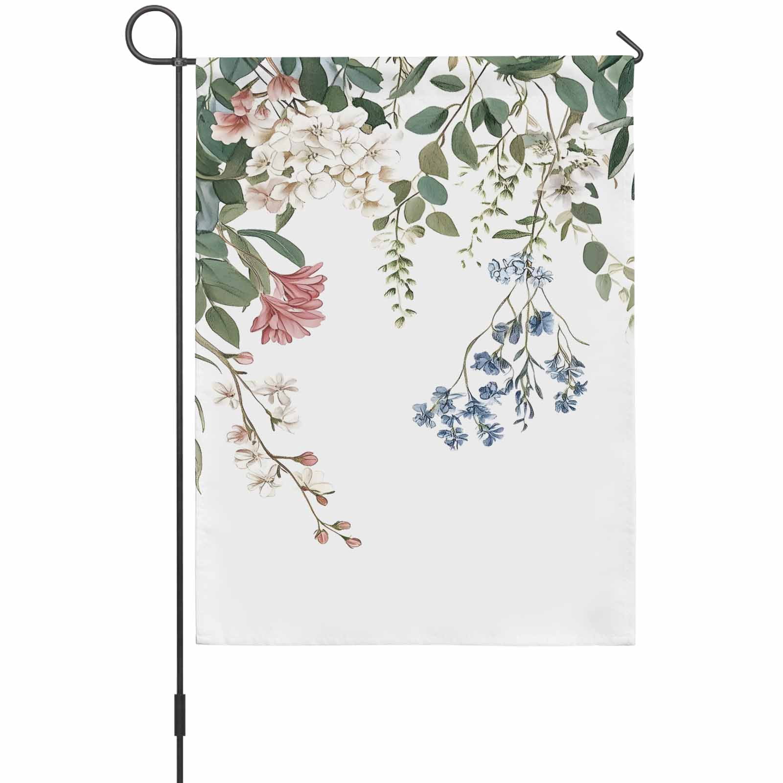 Spring Floral House Flags For Outdoor, Country Watercolor White Blue Red Flower Green Leaves Small Double Side Yard Flags Weather Proof House Decor for Lawn Outside Holiday 28 x 40 Inches
