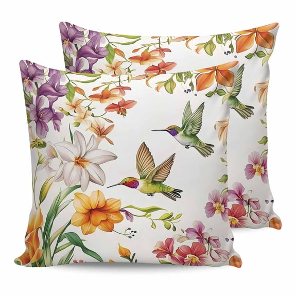 Spring Floral Hummingbird 20x20 Pillow Covers Set of 2, Pastoral Rustic Botanical Flowers Throw Pillow Covers Decorative Couch Cushion Case, Microfiber Square Pillowcases for Bedroom Car Living Room