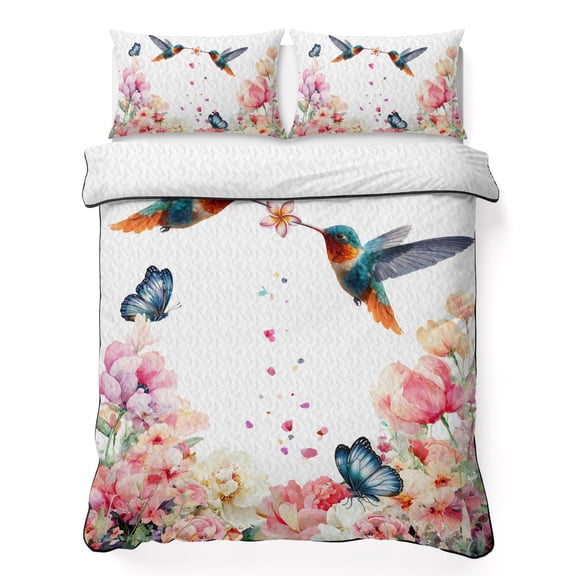 Spring Floral Hummingbird 3 Piece Quilt Bedding Set with 2 Pillow Shams, Watercolor Floral Bird Butterfly Lightweight Bedspread Coverlet, Soft Breathable All Season Quilt, 96 x 106 Inch