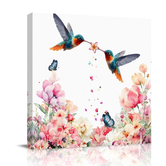 Spring Floral Hummingbird Canvas Wall Art for Living Room, Watercolor Floral Bird Butterfly Poster Print Painting for Bedroom Office Home Decoration Wall Pictures Prepare To Hang 12"x12"