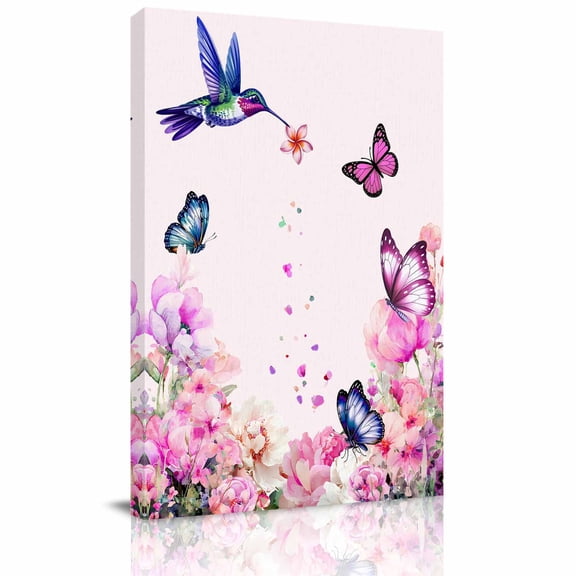 Spring Floral Hummingbird Canvas Wall Art for Living Room, Watercolor Pink Floral Bird Butterfly Leaf Poster Print Painting for Bedroom Office Home Decoration Wall Pictures Prepare To Hang 12"x18"